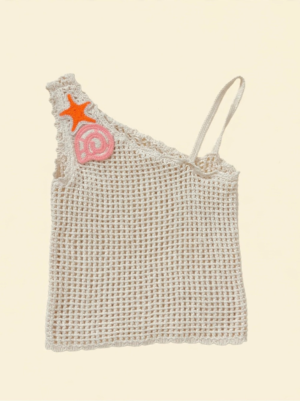 Zara Cream Crochet Asymmetrical Shell Top with Pink & Orange Embellishments